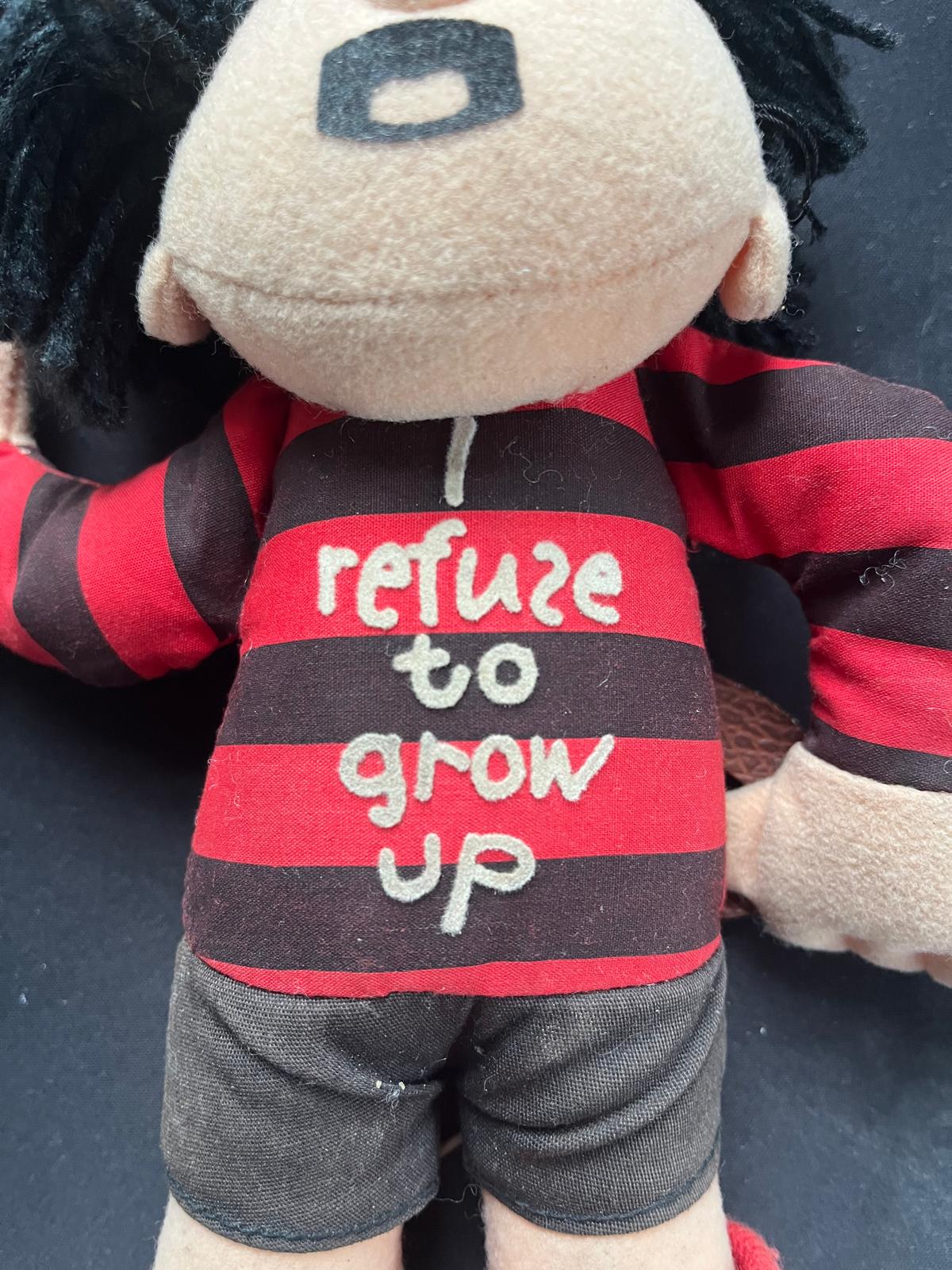 Vintage Dennis the Menace Plush Doll – Beano Comic – 12” – “I Refuse to Grow Up” Shirt