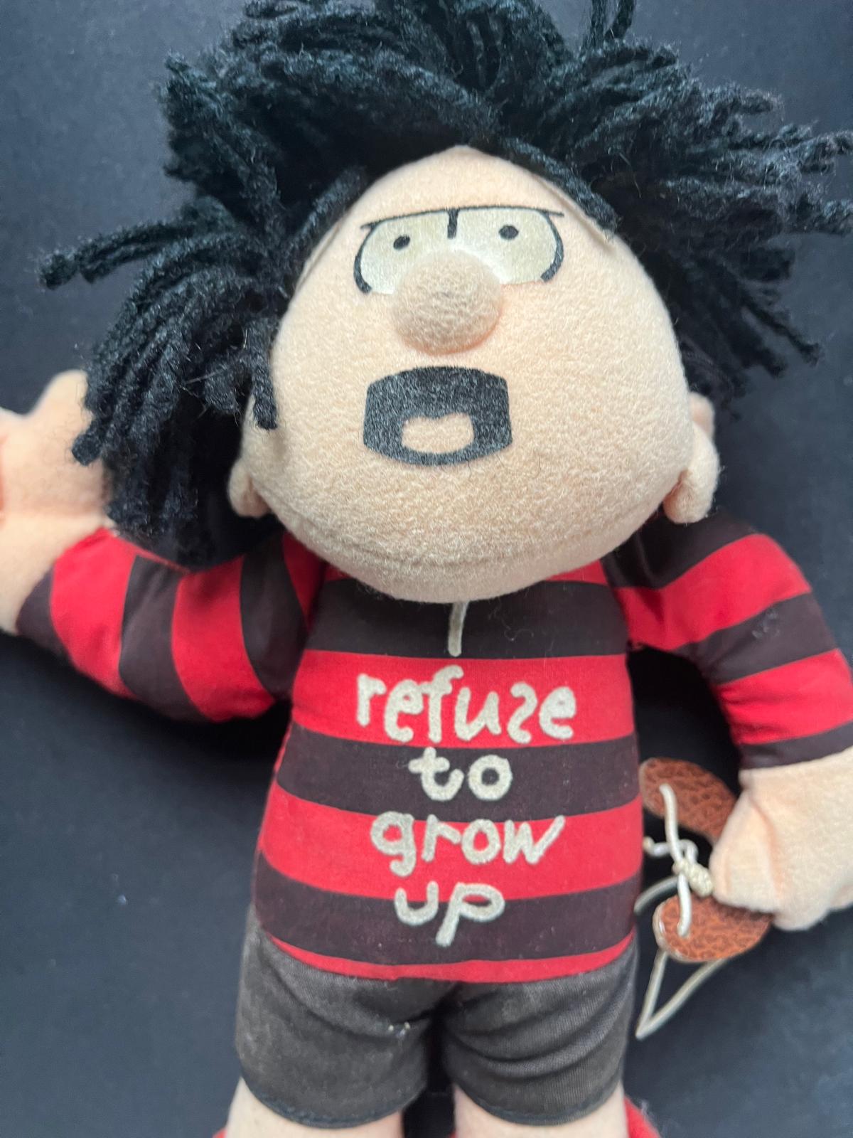 Vintage Dennis the Menace Plush Doll – Beano Comic – 12” – “I Refuse to Grow Up” Shirt