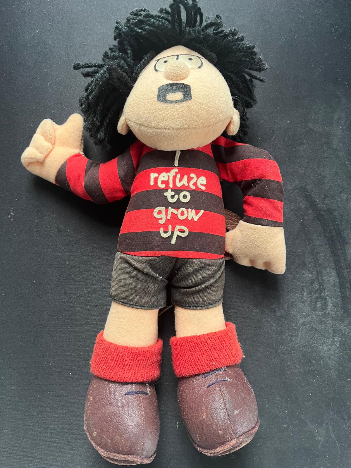 Vintage Dennis the Menace Plush Doll – Beano Comic – 12” – “I Refuse to Grow Up” Shirt